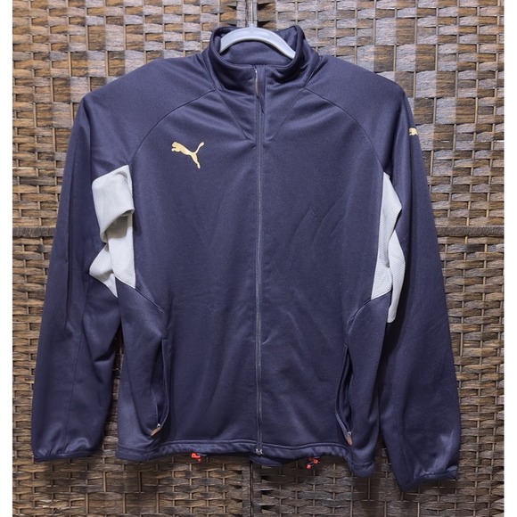 Puma Other - PUMA Mens Track Jacket L Long Sleeve Full Zip Navy Blue white stripe LARGE VTG